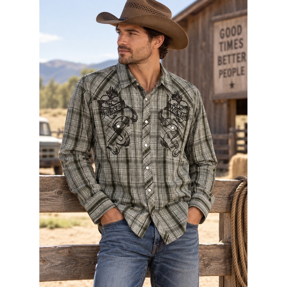 GUESS Vintage Y2K Western Shirt Mens XL Green Plaid Pearl Snap Tattoo Graphic